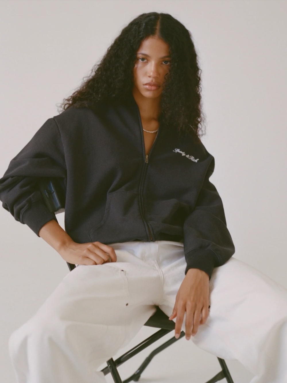 Sporty & Rich Embroidered Zip Hoodie - Faded Black/White